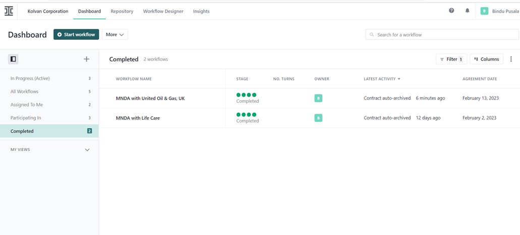Ironclad dashboard and workflows – Kolvan